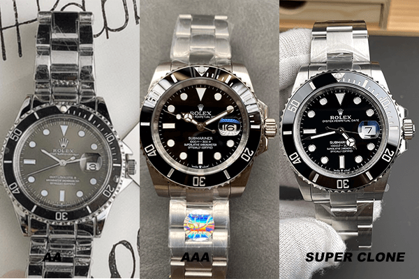 A close-up shot comparing a high-end and low-end replica watch side-by-side