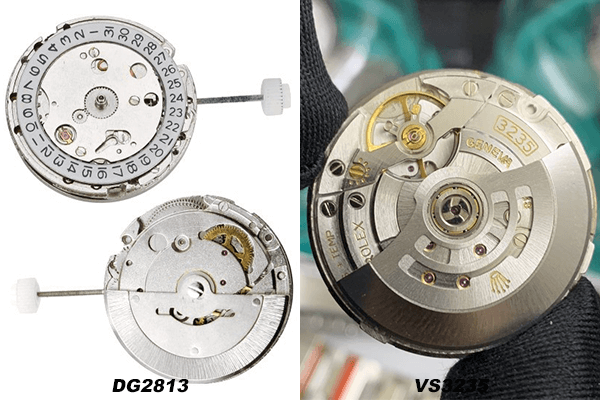 A detailed view of a clone DD3285 movement inside a replica watch