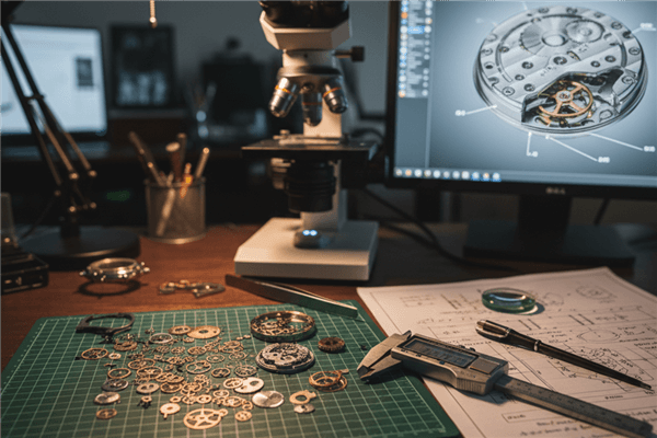 An engineer's desk with watch parts, calipers, and schematics