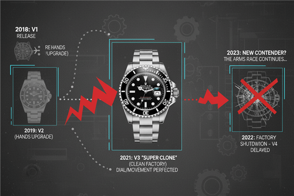 A timeline showing the evolution of a replica watch model over the years