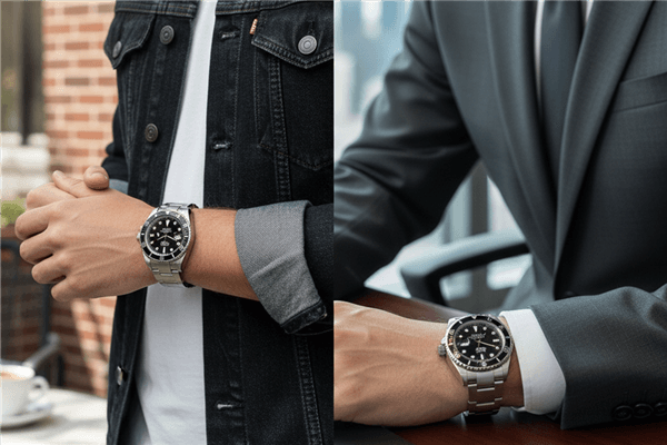 A person wearing a Rolex Submariner with both a casual outfit and a business suit