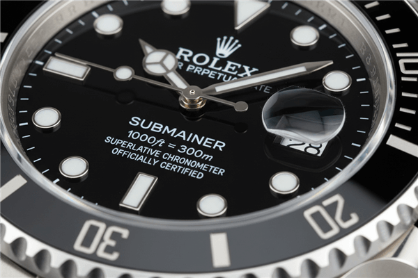 A macro close-up shot of a Super Clone Submariner dial showing perfect text and hand finishing