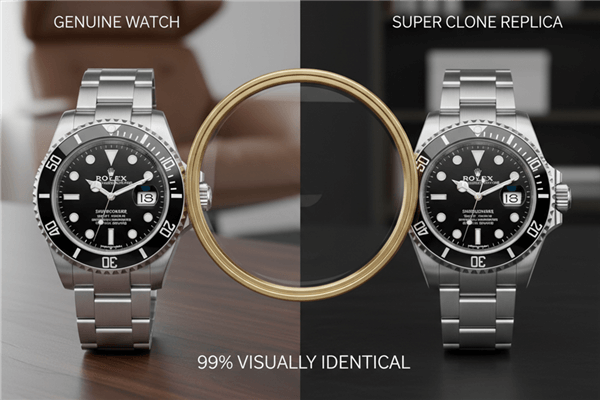A magnifying glass hovering between a genuine watch and a super clone replica