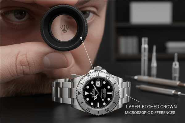 A watchmaker's loupe examining a tiny detail on a super clone watch