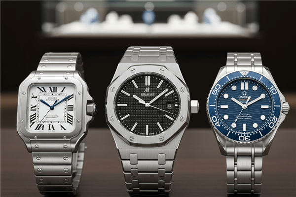 A display of Audemars Piguet Royal Oak, Cartier Santos, and Omega Seamaster watches