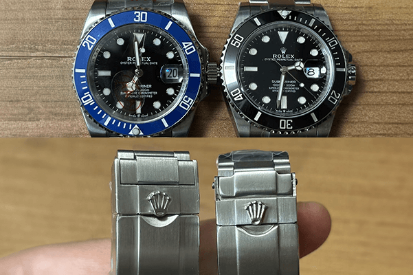 A side-by-side comparison of watch hands showing burrs on the cheap one and smoothness on the super clone