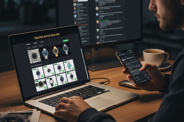 A person browsing a replica watch dealer's website on a laptop