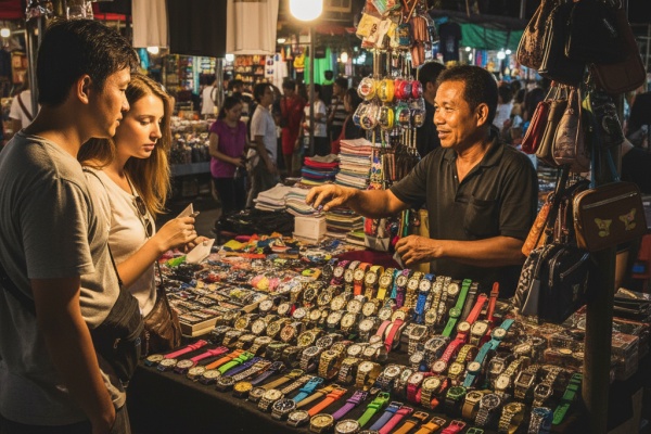 A night market stall selling various watches and souvenirs