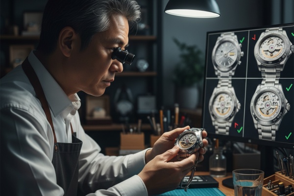 A watchmaker inspecting a watch with a loupe for quality control