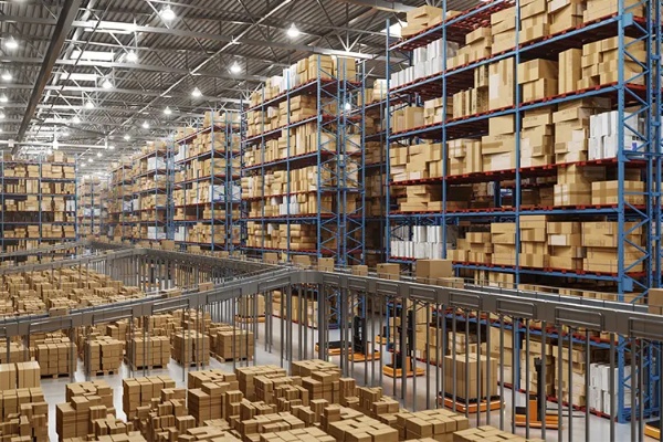 A large warehouse full of packages on conveyor belts