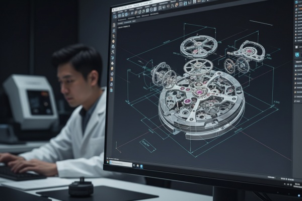 A computer-aided design (CAD) of a watch movement on a screen
