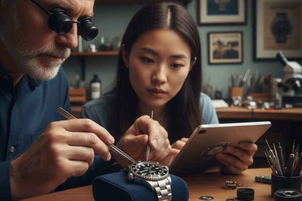 Two watchmakers studying a genuine Rolex Submariner