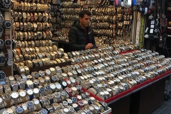 A tourist market stall selling low-quality fake goods
