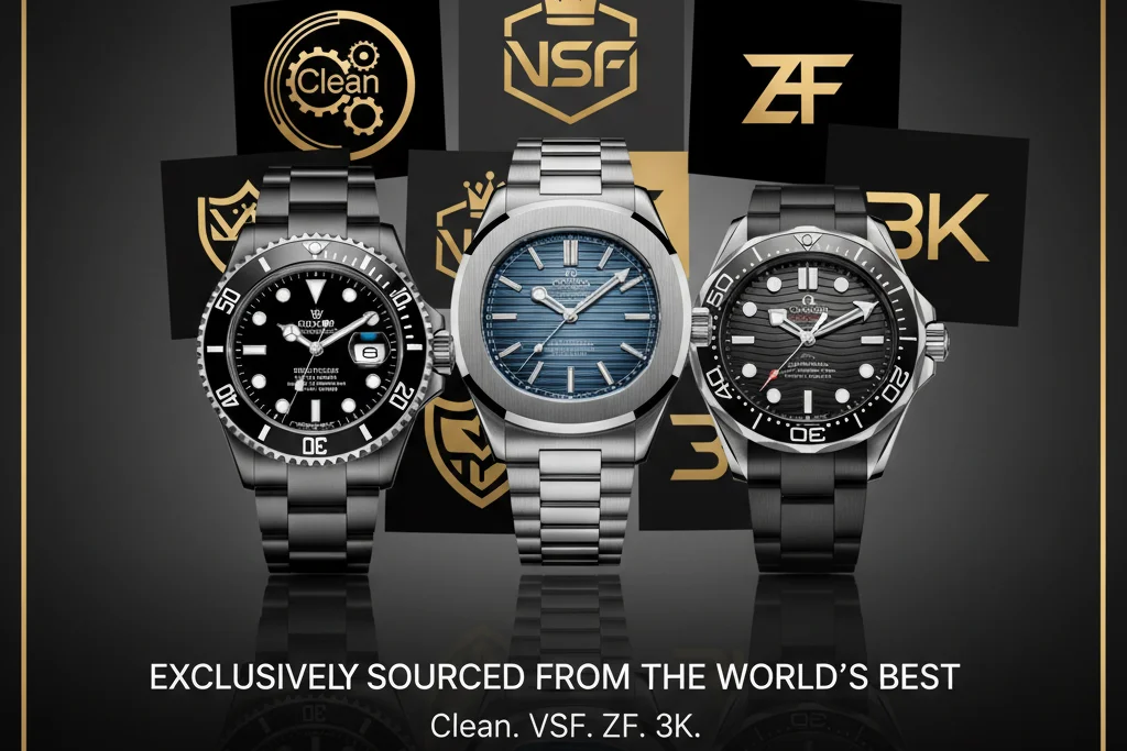 A collage of logos from top replica factories like Clean, VSF, and ZF