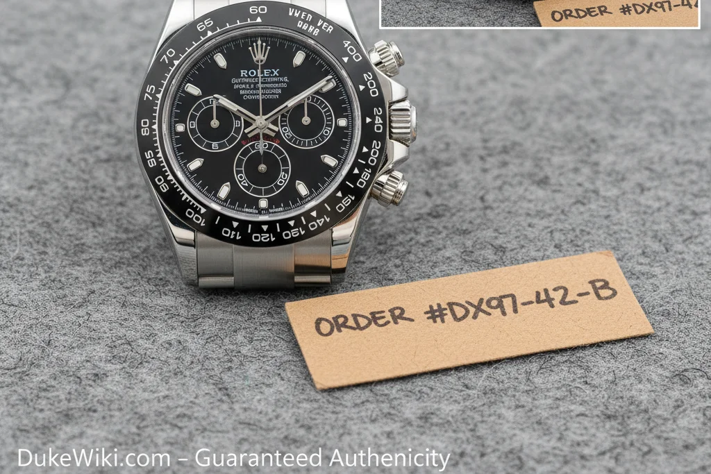 A sample QC photo showing a replica watch with the customer's order number