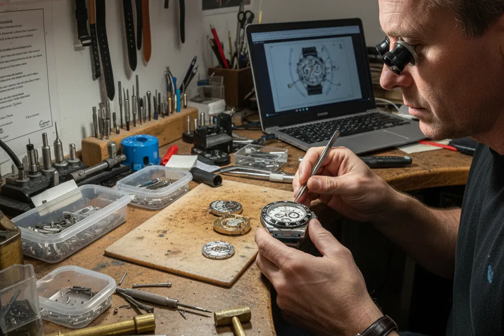 A watchsmith's workbench with tools and a replica watch