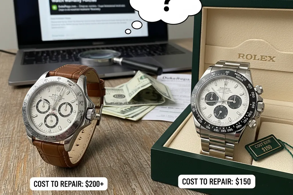 A cheap knock-off watch next to a high-quality super clone