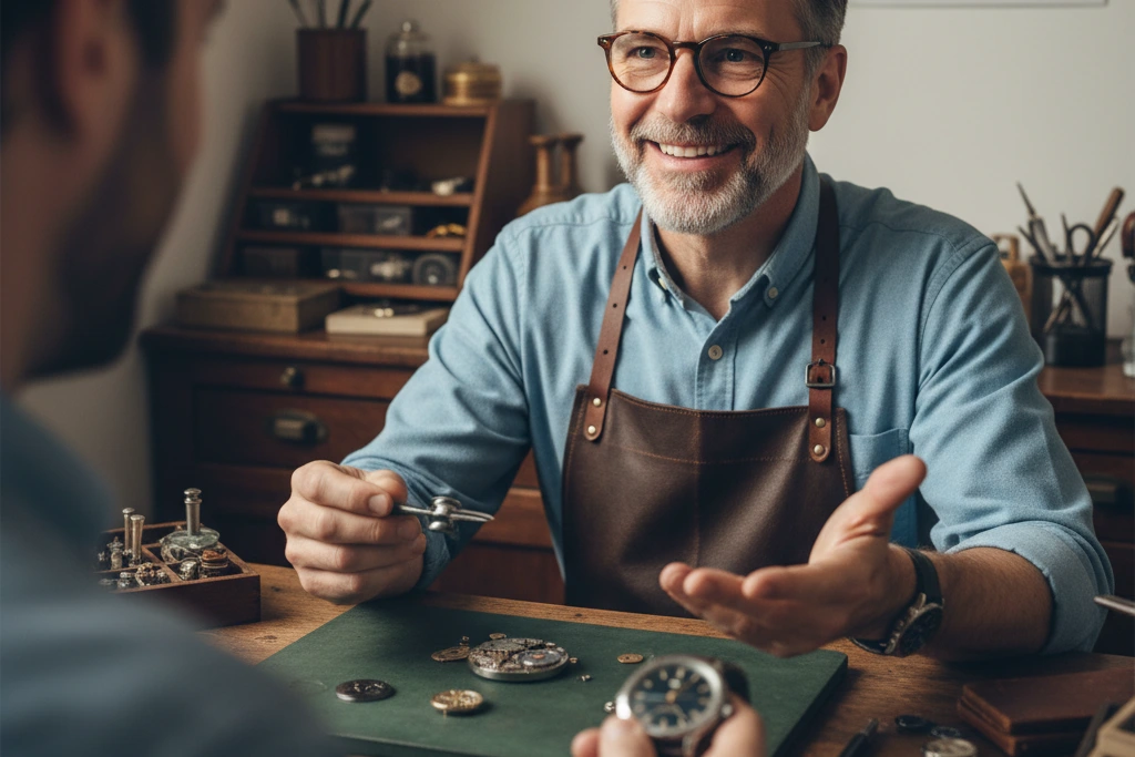A friendly independent watchsmith at his desk