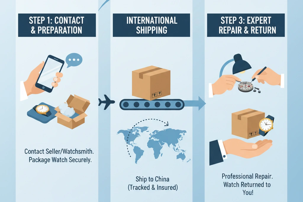 A diagram showing shipping a watch back to China for repair