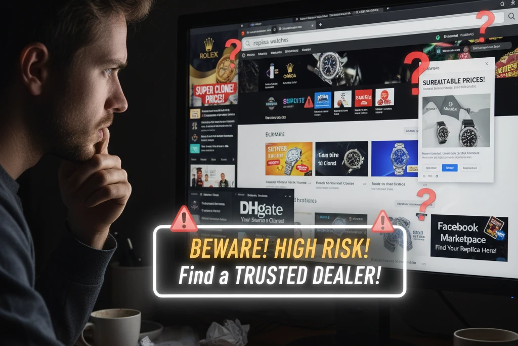 A computer screen showing a search for replica watches with many different results