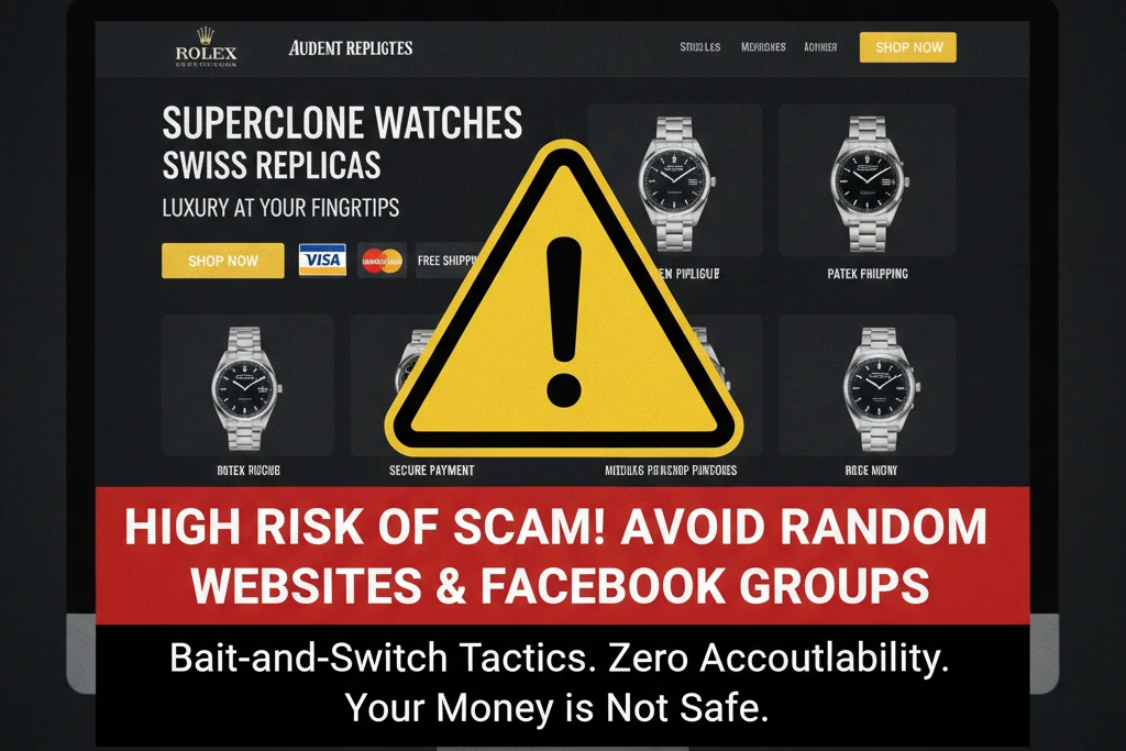 A warning sign icon overlaid on a screenshot of a generic replica watch website