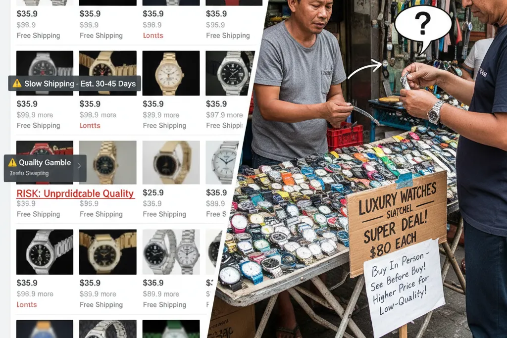 A split image showing a DHgate listing and a street market stall selling watches