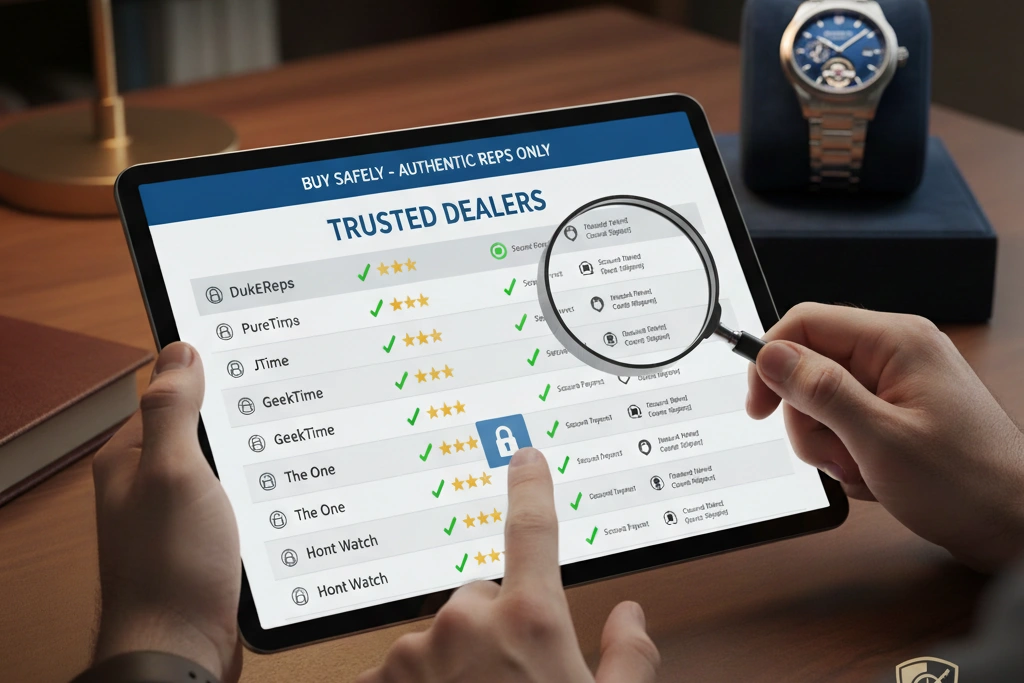 The homepage of a major replica watch forum showing a list of Trusted Dealers