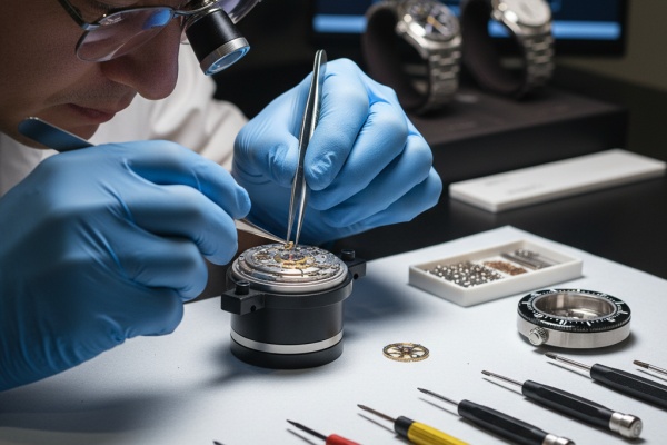 A watch movement being serviced