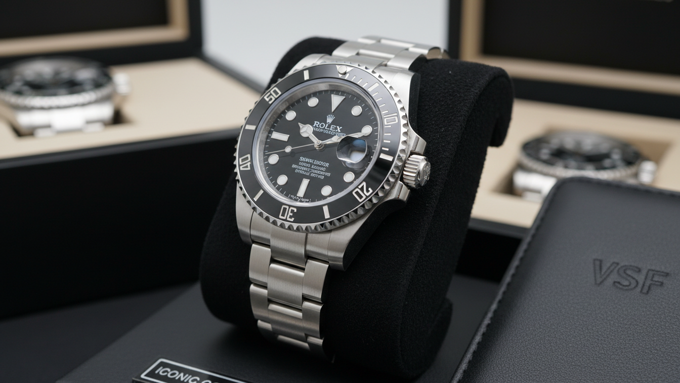A high-quality replica of a Rolex Submariner on a display stand