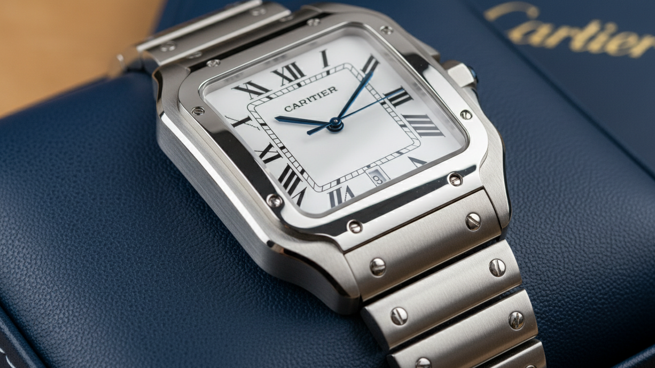 A detailed shot of a BVF Cartier Santos replica showing the bracelet and bezel