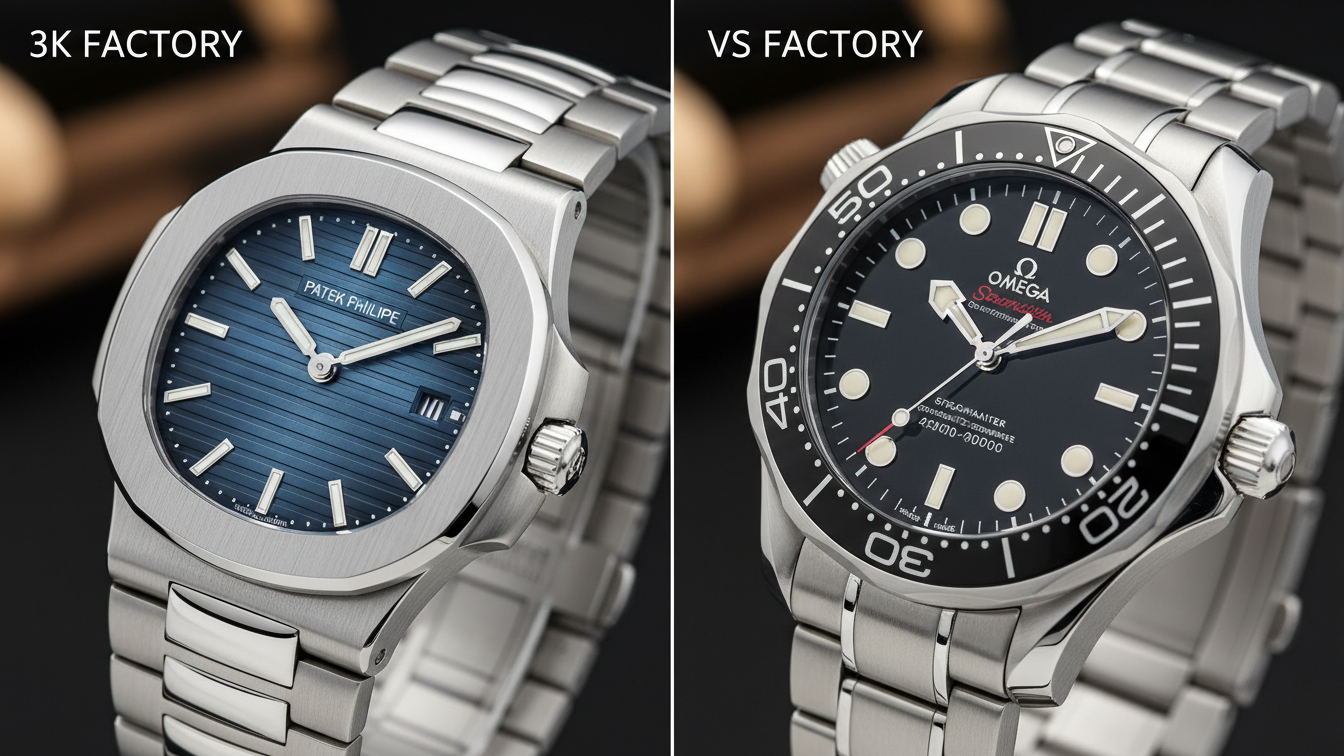 A split image showing a 3KF Patek Philippe Nautilus and a VSF Omega Seamaster