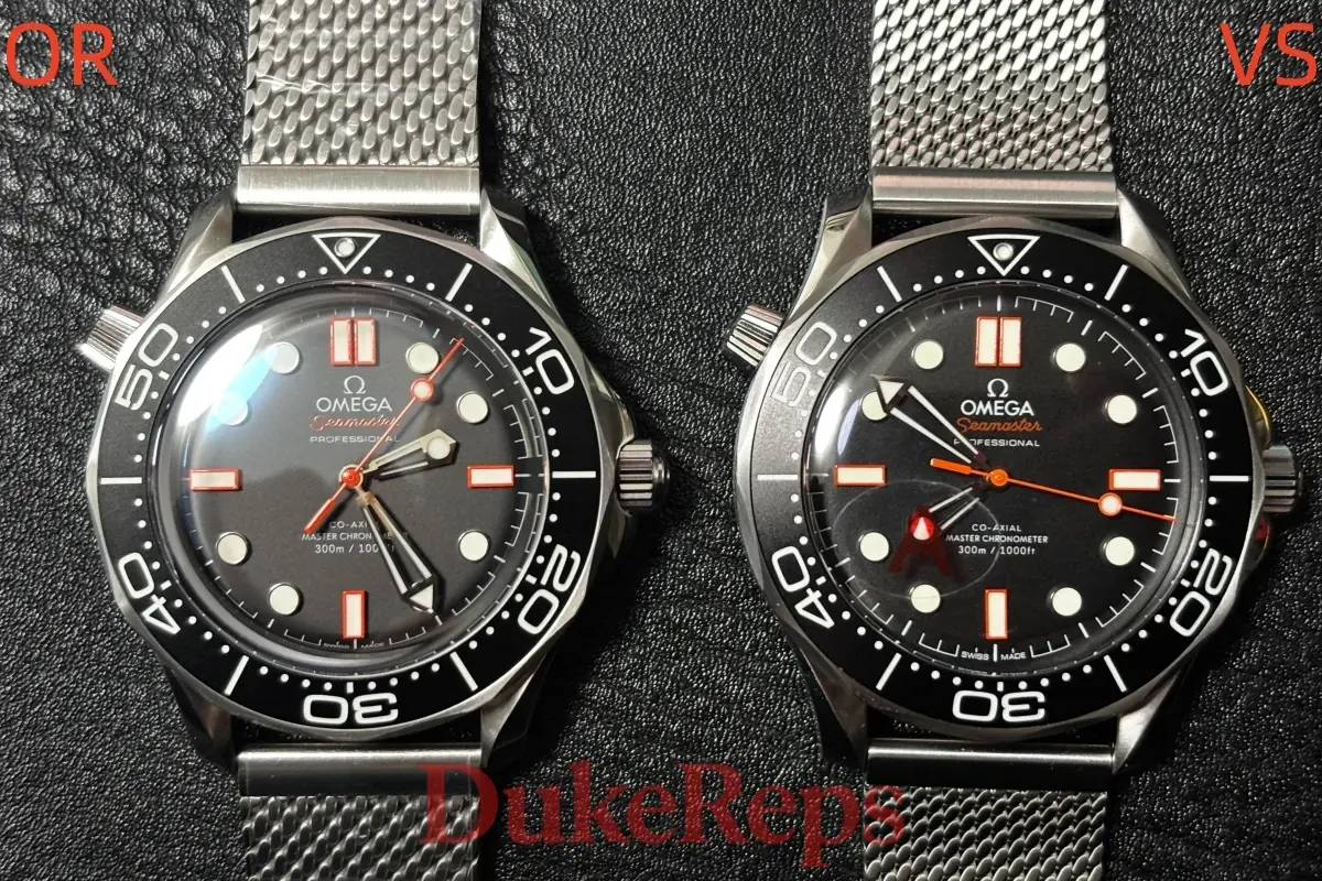 A side-by-side comparison of the VSF and ORF orange Seamaster watches