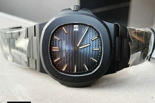 A high-quality replica of a Patek Philippe Nautilus on a luxury background