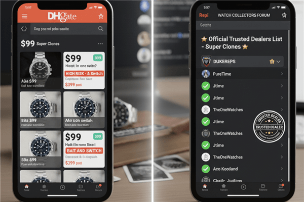 A computer screen showing a replica watch forum with a list of Trusted Dealers