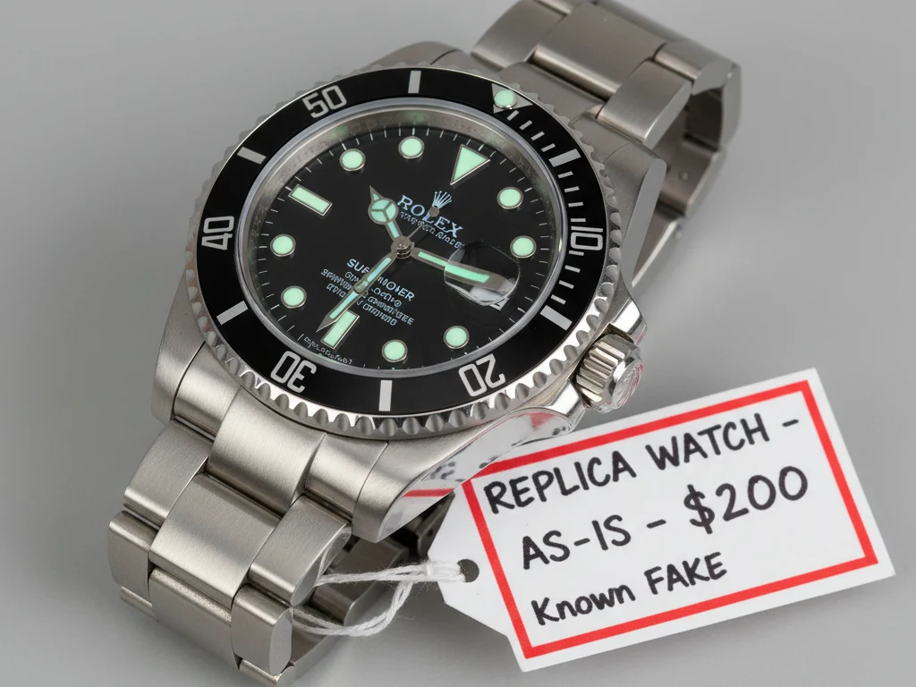 A fake Rolex watch with a price tag on a neutral background
