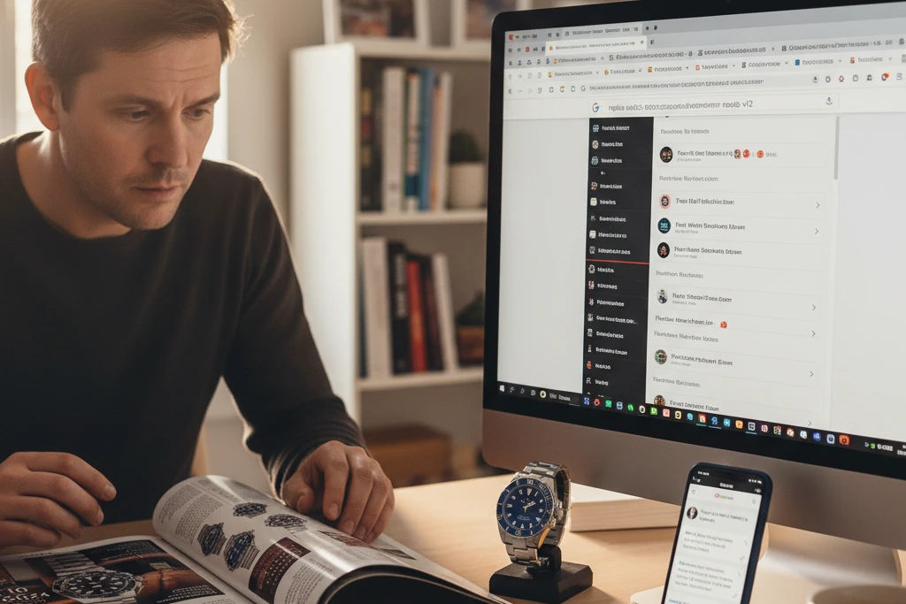 A person looking at a luxury watch magazine and a computer screen side-by-side