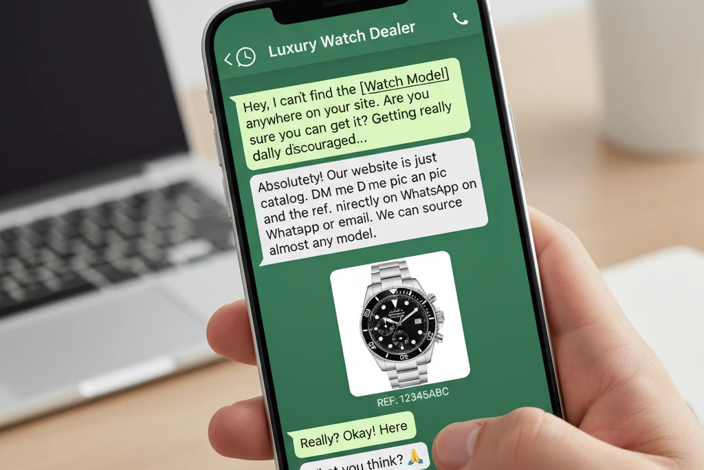 A close-up of a WhatsApp conversation with a dealer about a watch