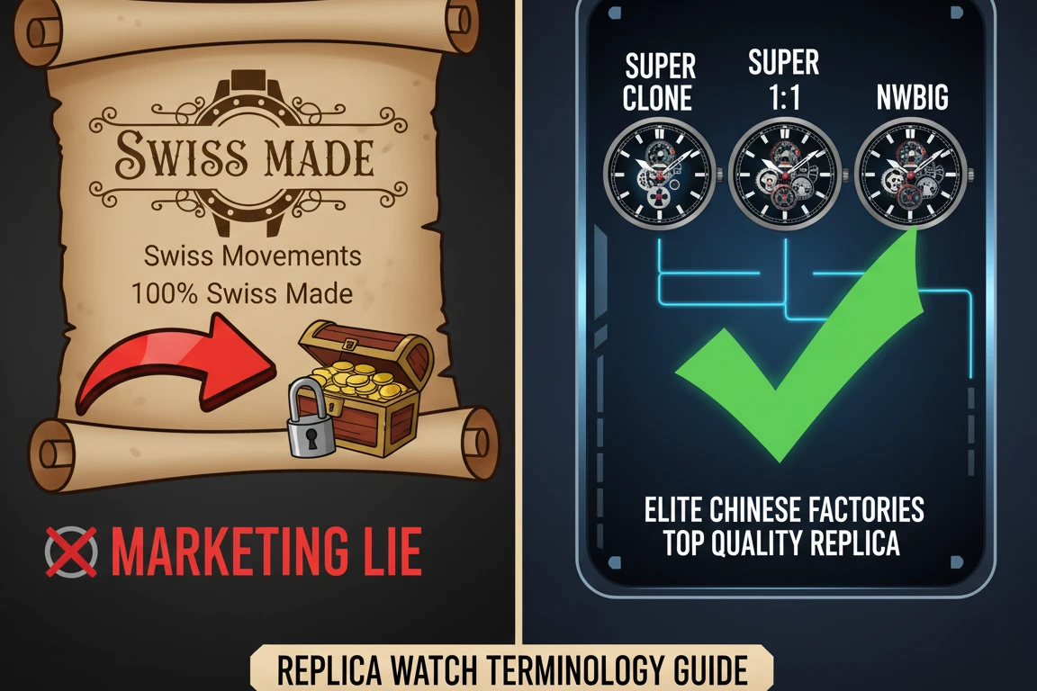 A graphic comparing the terms Swiss Made vs Super Clone
