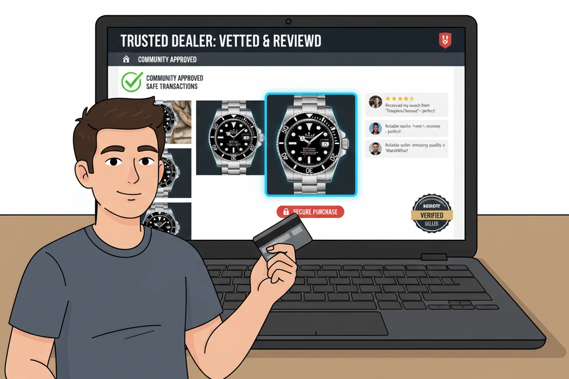 An illustration of a person safely buying a watch from a trusted dealer on a laptop