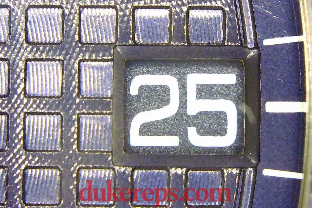 A macro shot of the VSF AP 15500 blue dial showing the date wheel