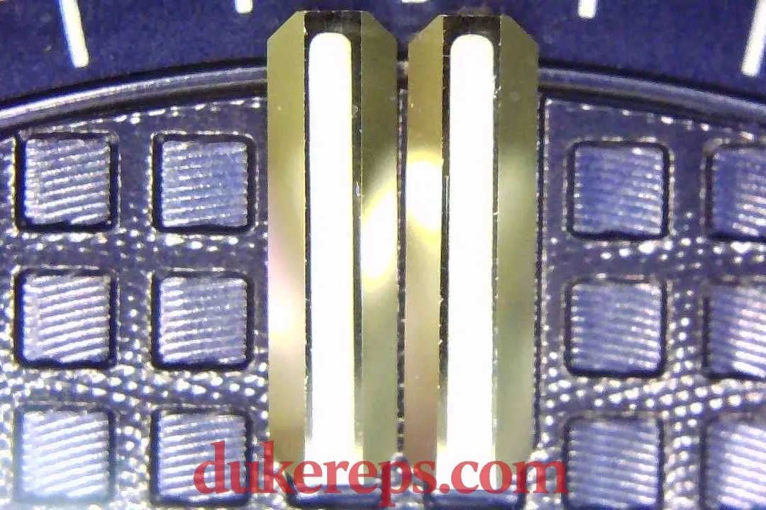 A macro shot of the VSF AP 15500 blue dial showing the hourmarker