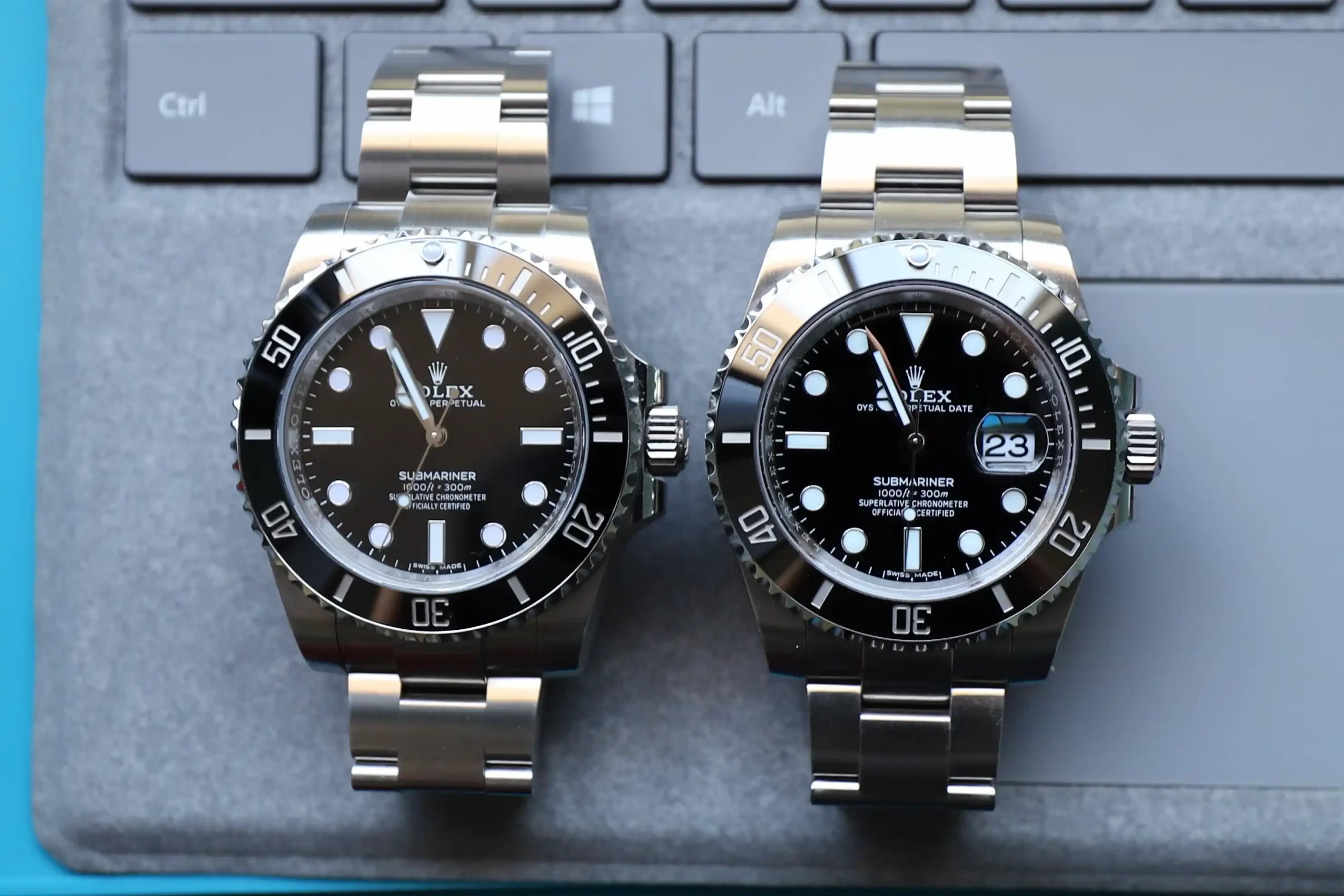 A side-by-side comparison of a Clean Factory and a VS Factory Rolex Submariner