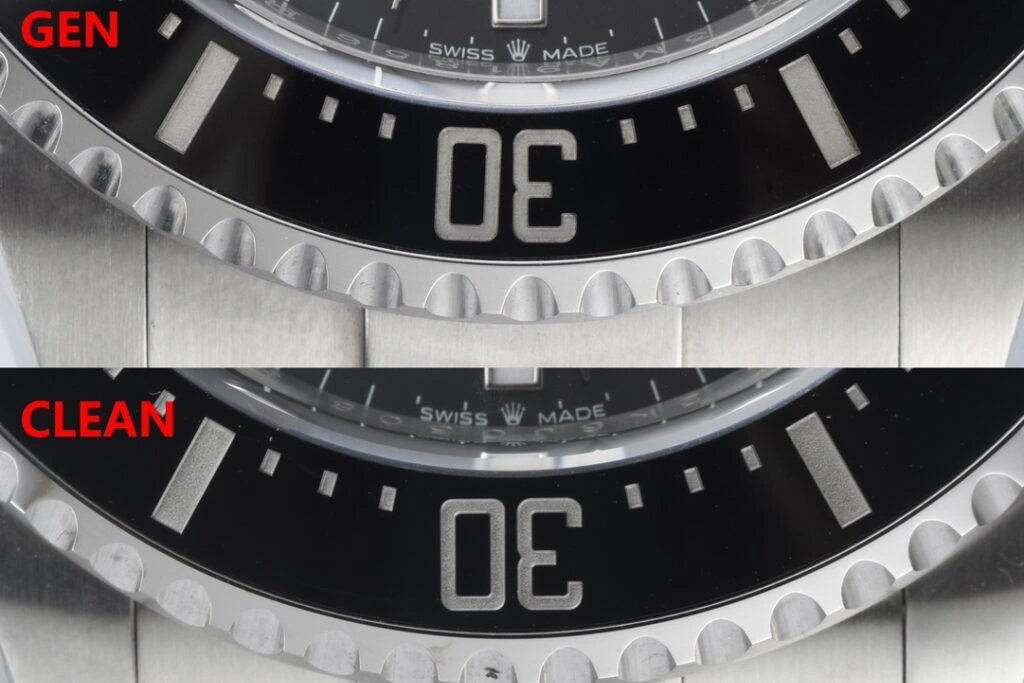 A macro shot of a Clean Factory Rolex Submariner bezel and dial