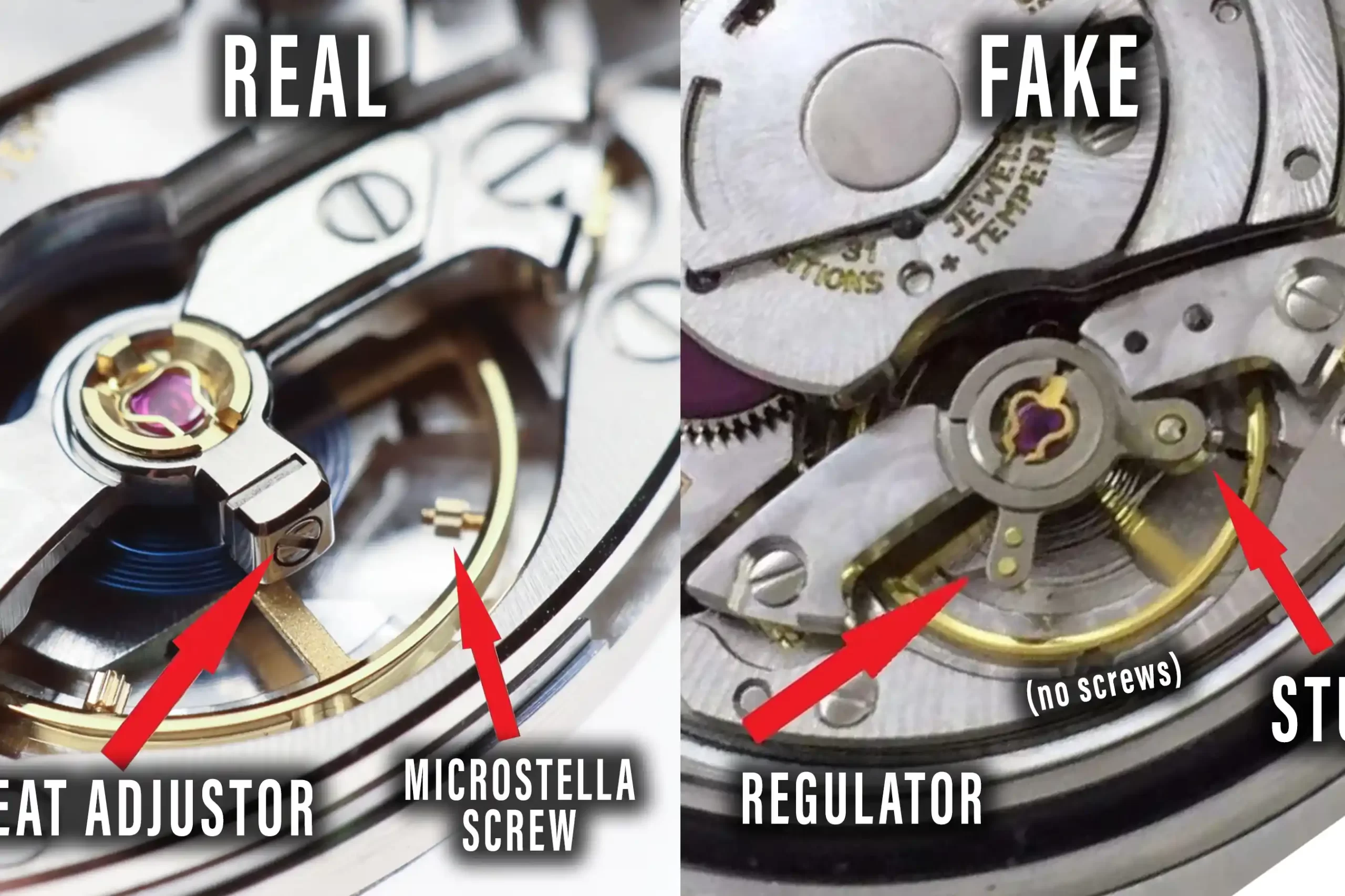 An image comparing a genuine Rolex balance wheel to a replica clone's balance wheel