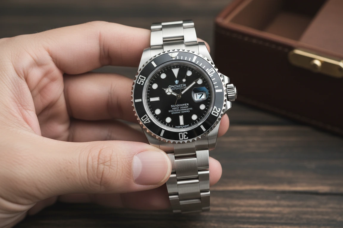 A hand holding a high-quality replica Rolex Submariner