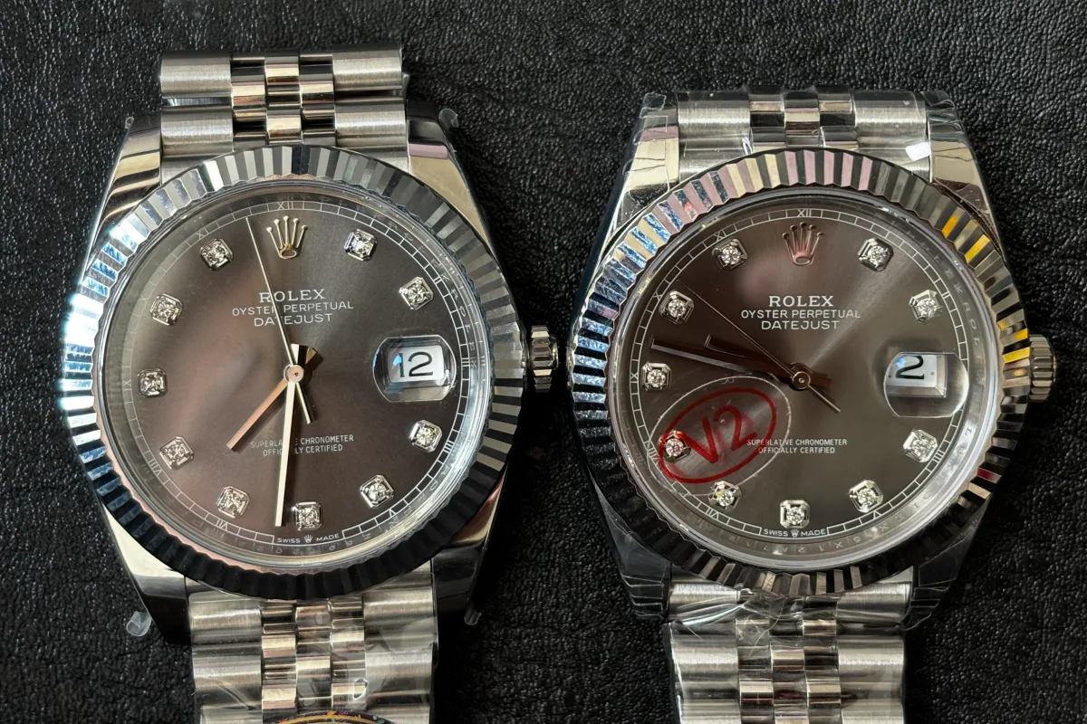 A side-by-side comparison of a VF Datejust and a VSF Datejust
