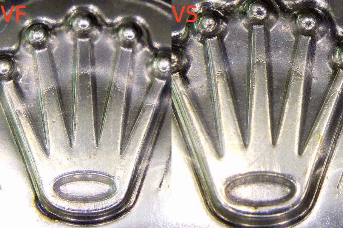 A close-up of the VF and VSF Datejust crown