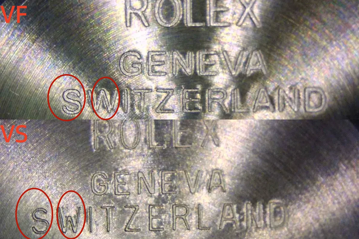 A macro shot of the caseback engraving on the VSF and VF watches