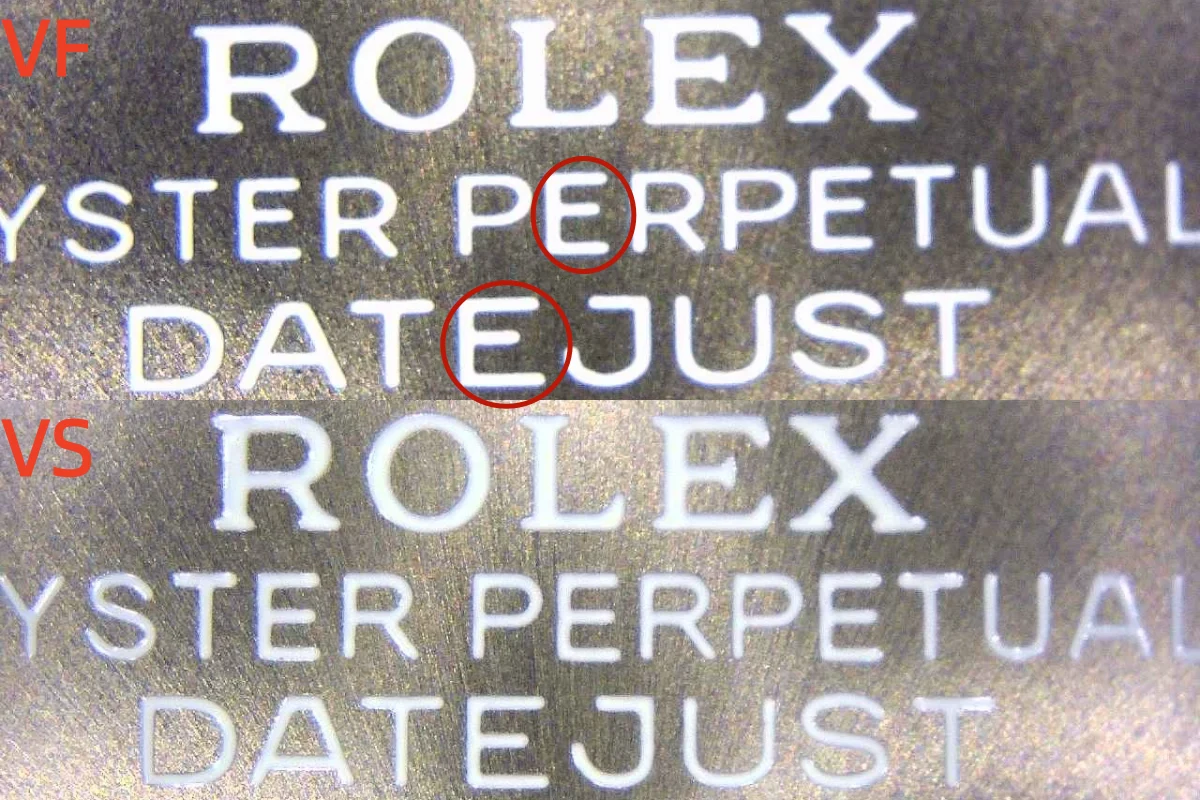 A close-up of the VF and VSF Datejust Logo Text