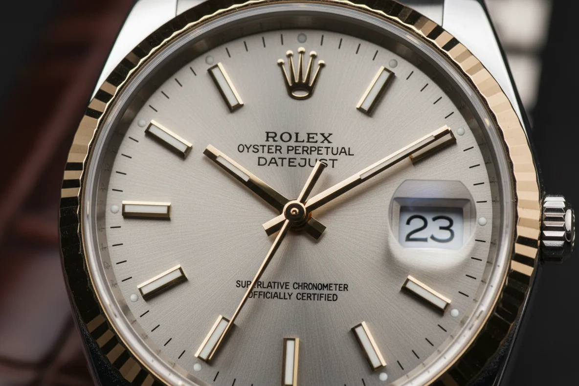 A magnifying glass hovering over a Rolex replica dial